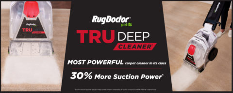 RugDoctor Pet Tru Deep Cleaner - the most powerful carpet cleaner in its class. 30% more suction power. Suction tested against upright deep carpet cleaners measuring air watts pursuant to ASTM F558 at cleaner head